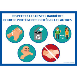 Panneau COVID 19 - Respectez les gestes barrière + 5 images - A5 - A4 