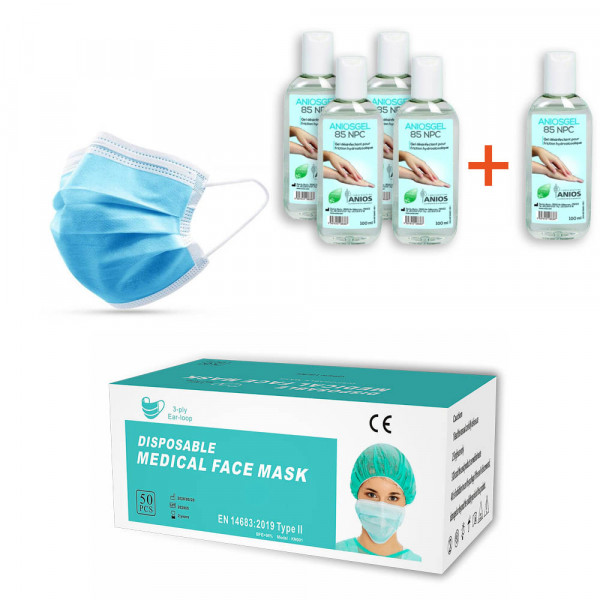 Kit 50 masques chirurgicaux + 5 flacons de gel hydroalcoolique 100 ml.