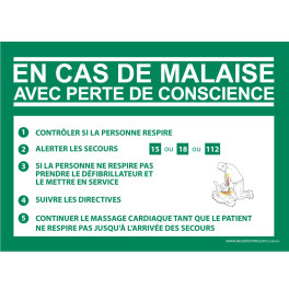 Panneau Premiers Secours - DAE "Consigne en cas de malaise"